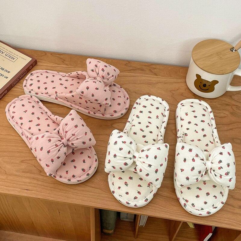 Beautiful Bow Flat Lightweight Soft Spring Autumn Women Cotton Shoes Indoor Fluffy Warm Home Comfortable High Quality Slippers Memory Foam Open Toe Slide Slippers Ribbon Strap  Slip-On House Shoes