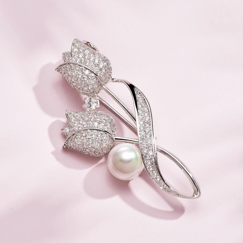 Beautiful Elegant Brooch Rhinestone Tulip Flower Brooch Badge Pin Ornamental Dress Up Wear-Resistant Tulip Flower Brooches For Dating Luxury Jewelry Female Suit Brooch Collar Pin