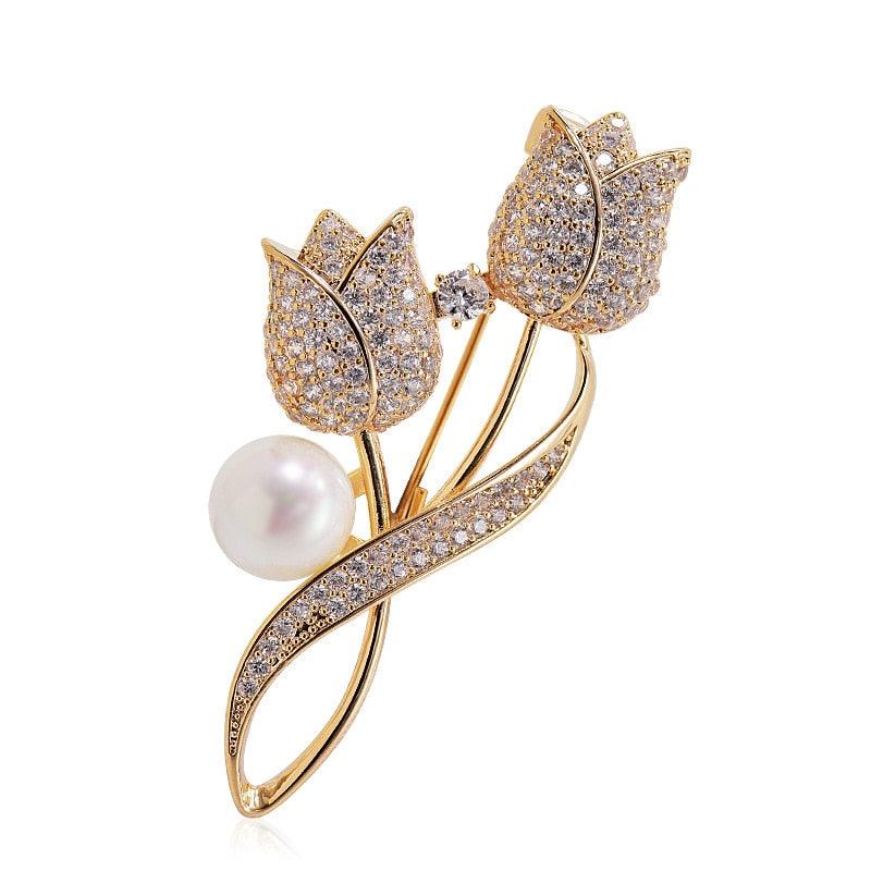 Beautiful Elegant Brooch Rhinestone Tulip Flower Brooch Badge Pin Ornamental Dress Up Wear-Resistant Tulip Flower Brooches For Dating Luxury Jewelry Female Suit Brooch Collar Pin