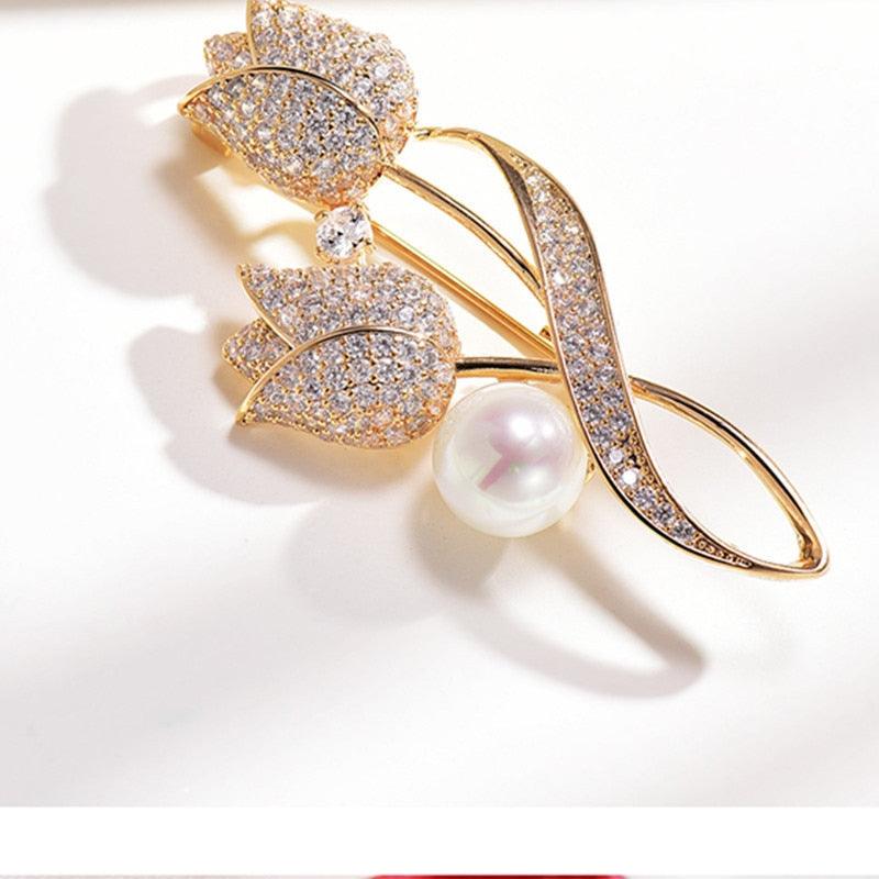 Beautiful Elegant Brooch Rhinestone Tulip Flower Brooch Badge Pin Ornamental Dress Up Wear-Resistant Tulip Flower Brooches For Dating Luxury Jewelry Female Suit Brooch Collar Pin