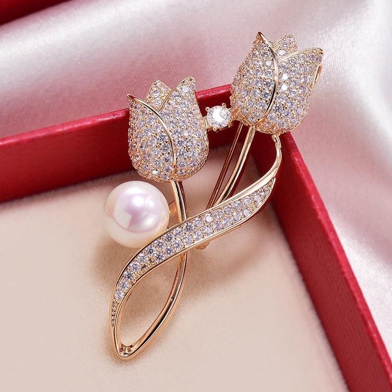 Beautiful Elegant Brooch Rhinestone Tulip Flower Brooch Badge Pin Ornamental Dress Up Wear-Resistant Tulip Flower Brooches For Dating Luxury Jewelry Female Suit Brooch Collar Pin