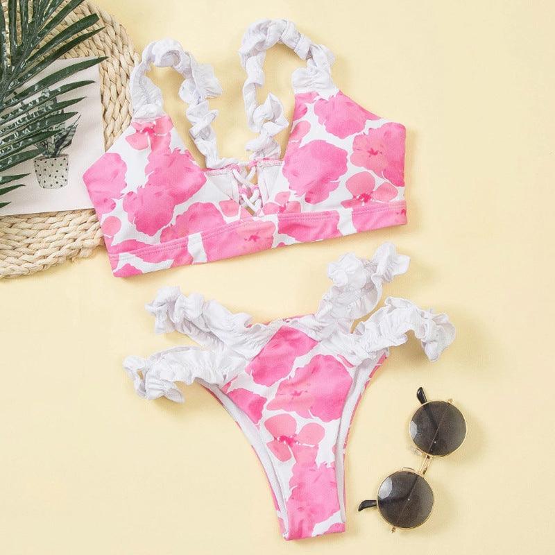 Beautiful Floral Push Up Women Bikini Push Up Bathing Suits Tie Knot Cute Ruffle Two Piece Swimsuits Swimsuit Female Swimwear Bra Cup Bikini Set High Cut Bathing Suit For Summer