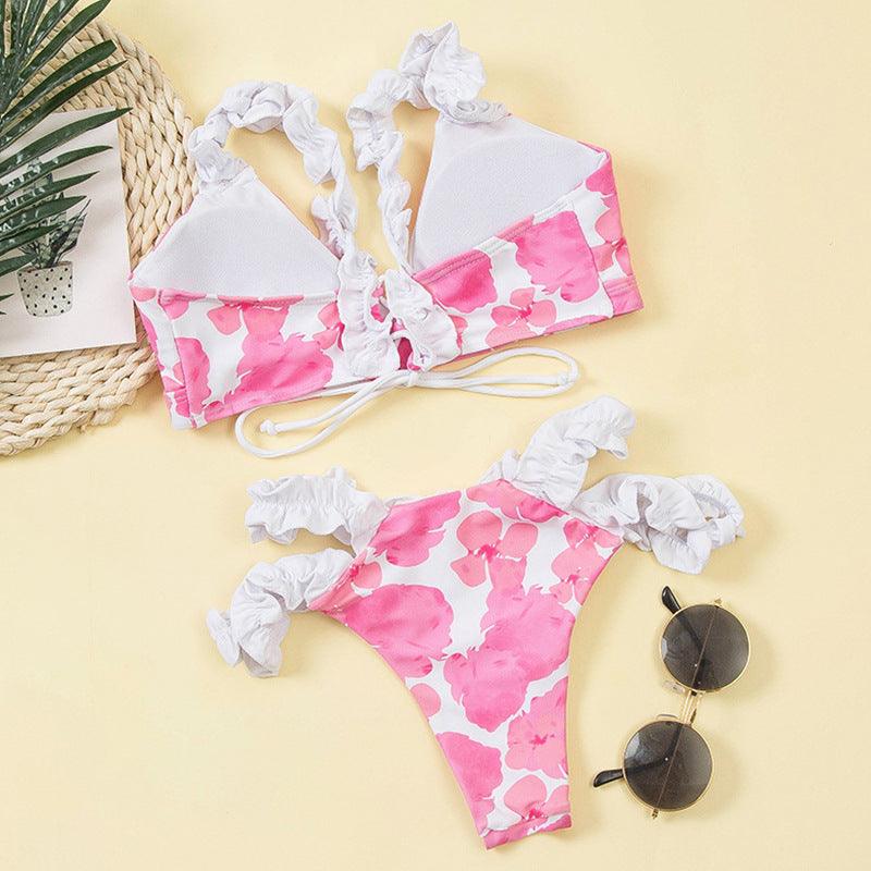 Beautiful Floral Push Up Women Bikini Push Up Bathing Suits Tie Knot Cute Ruffle Two Piece Swimsuits Swimsuit Female Swimwear Bra Cup Bikini Set High Cut Bathing Suit For Summer