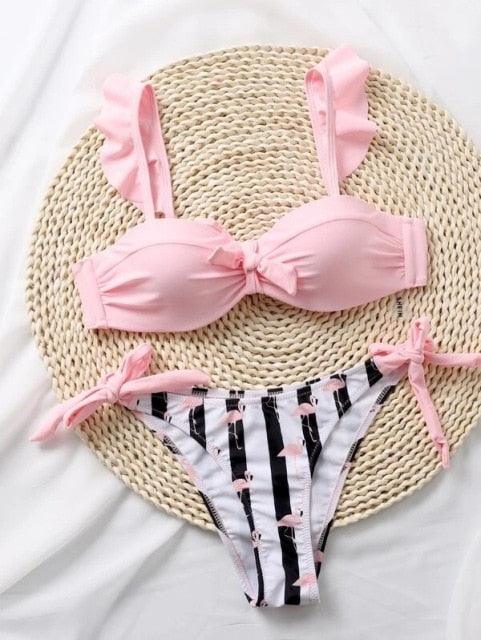 Beautiful Floral Push Up Women Bikini Push Up Bathing Suits Tie Knot Cute Ruffle Two Piece Swimsuits Swimsuit Female Swimwear Bra Cup Bikini Set High Cut Bathing Suit For Summer