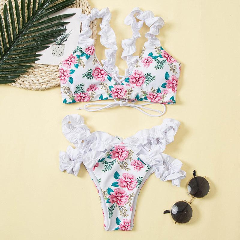 Beautiful Floral Push Up Women Bikini Push Up Bathing Suits Tie Knot Cute Ruffle Two Piece Swimsuits Swimsuit Female Swimwear Bra Cup Bikini Set High Cut Bathing Suit For Summer