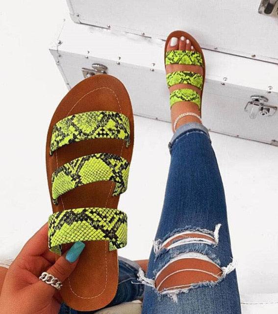 Beautiful Style Sandals Snake Print Flat Slippers Women Shoes Casual Flat Sandals Three Strap Slide Sandals Open Toe Flat Sandals Strappy Slides Sandals Open Toe Summer Sandals