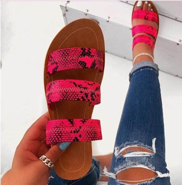 Beautiful Style Sandals Snake Print Flat Slippers Women Shoes Casual Flat Sandals Three Strap Slide Sandals Open Toe Flat Sandals Strappy Slides Sandals Open Toe Summer Sandals