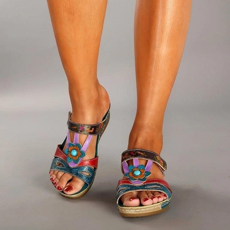 Beautiful Women Sandals Ethnic Flower Summer Shoes Casual Beach Shoes Flip Flop Platform Sandals Slip On Mules Slide Shoes Wide With Platform Sandals With Flower Casual Loafers Shoes