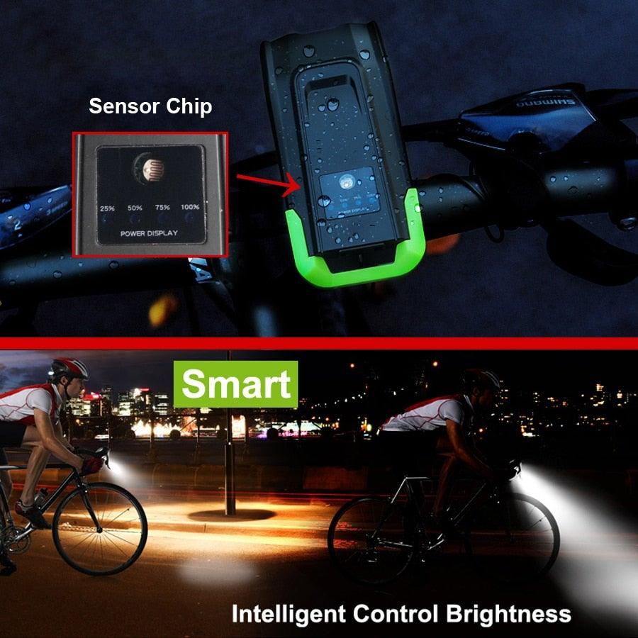 Bicycle Front Light USB Rechargeable Smart Headlight With Horn LED Bike Lamp Headlight Waterproof Bicycle Light With Horn Speaker Touch Switch USB Power Display 4000mAh