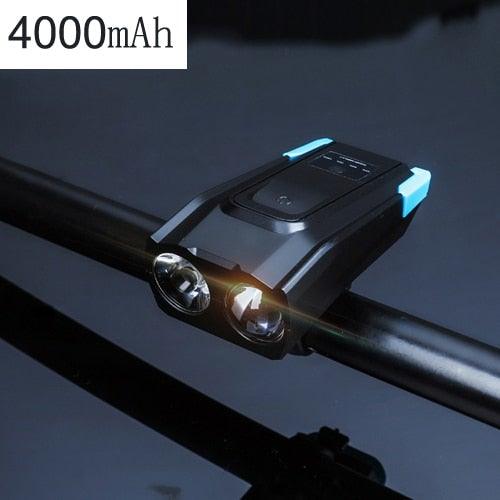 Bicycle Front Light USB Rechargeable Smart Headlight With Horn LED Bike Lamp Headlight Waterproof Bicycle Light With Horn Speaker Touch Switch USB Power Display 4000mAh