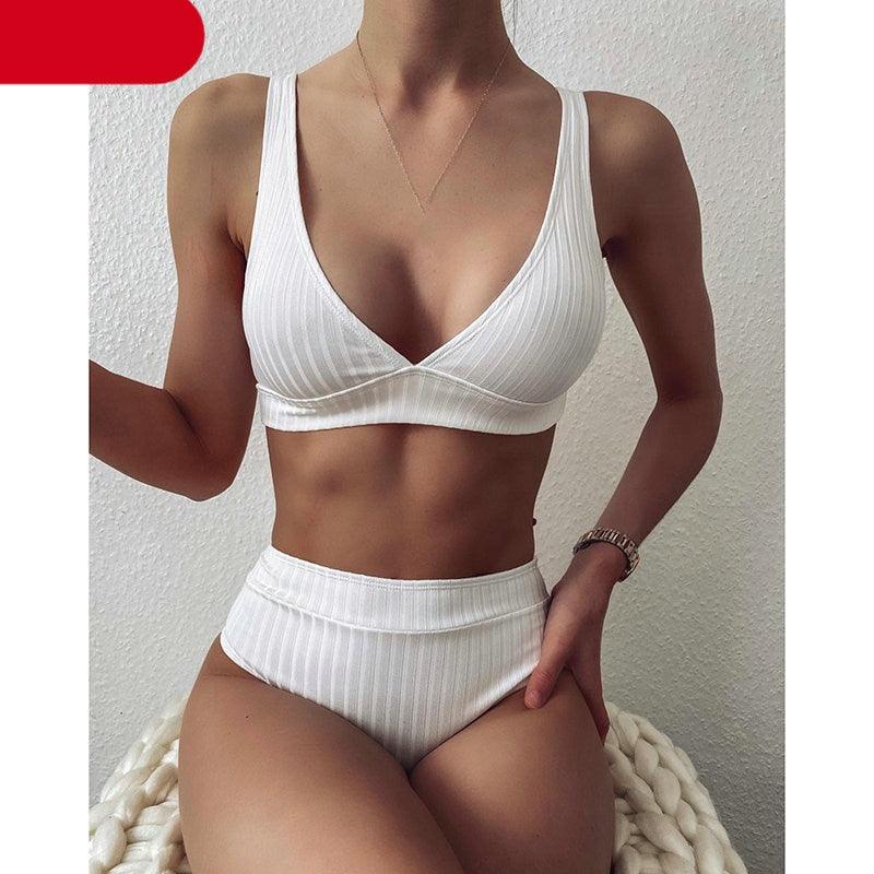 Bikini High Waist Swimwear Women's Swimsuits Push Up Ribbed Bathing Suits Black V-Neck Bikinis Set  High Waist Tummy Control Bathing Suits For Women Deep V Neck Black Comfortable Beachwear