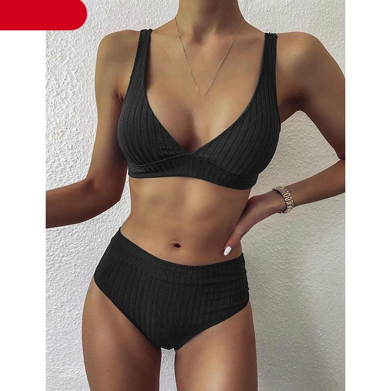 Bikini High Waist Swimwear Women's Swimsuits Push Up Ribbed Bathing Suits Black V-Neck Bikinis Set  High Waist Tummy Control Bathing Suits For Women Deep V Neck Black Comfortable Beachwear