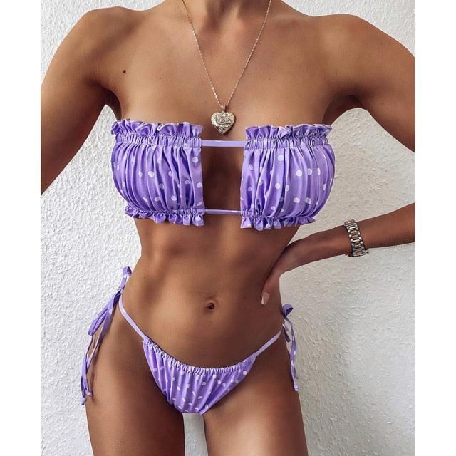 Bikini  Pleated Swimsuit Female Swimwear Women's  Ruffle Tie Side Bikini Set High Cut Strapless Padded Solid Bathing Suit Women Mini Thong Bikini Set Bather Swimming Beachwear For Bathing Suit