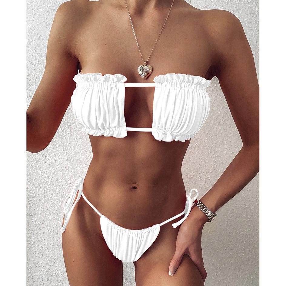 Bikini  Pleated Swimsuit Female Swimwear Women's  Ruffle Tie Side Bikini Set High Cut Strapless Padded Solid Bathing Suit Women Mini Thong Bikini Set Bather Swimming Beachwear For Bathing Suit