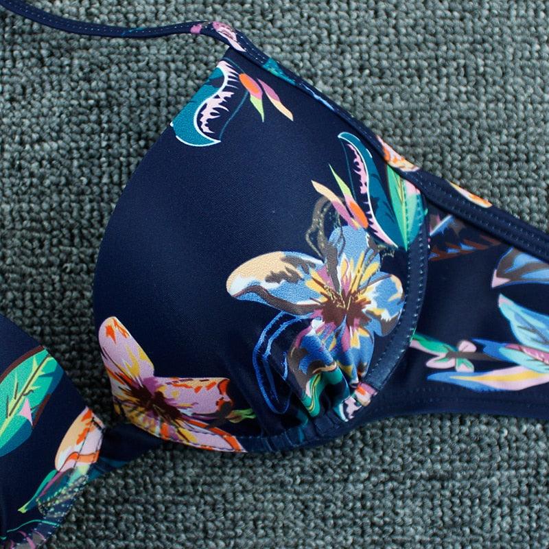 Bikini Push Up New Swimwear Women Print Floral Bikinis Set Swimsuit Bathing Suit Two Piece Summer Beach Wear Floral Leaf Print Bikini Set Padded Lace Up Straps Bikini Beach Swimsuit