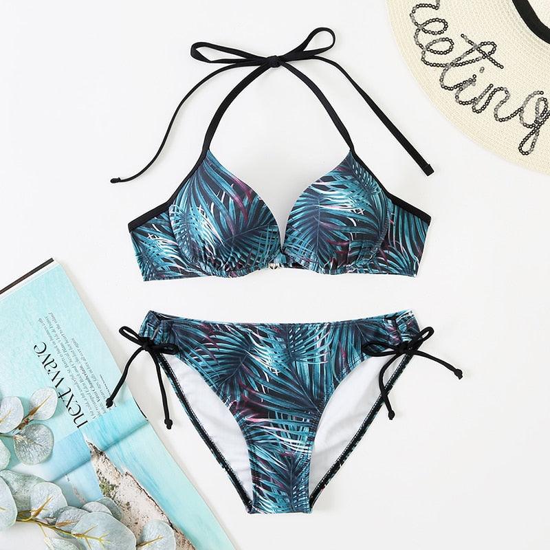 Bikini Push Up New Swimwear Women Print Floral Bikinis Set Swimsuit Bathing Suit Two Piece Summer Beach Wear Floral Leaf Print Bikini Set Padded Lace Up Straps Bikini Beach Swimsuit