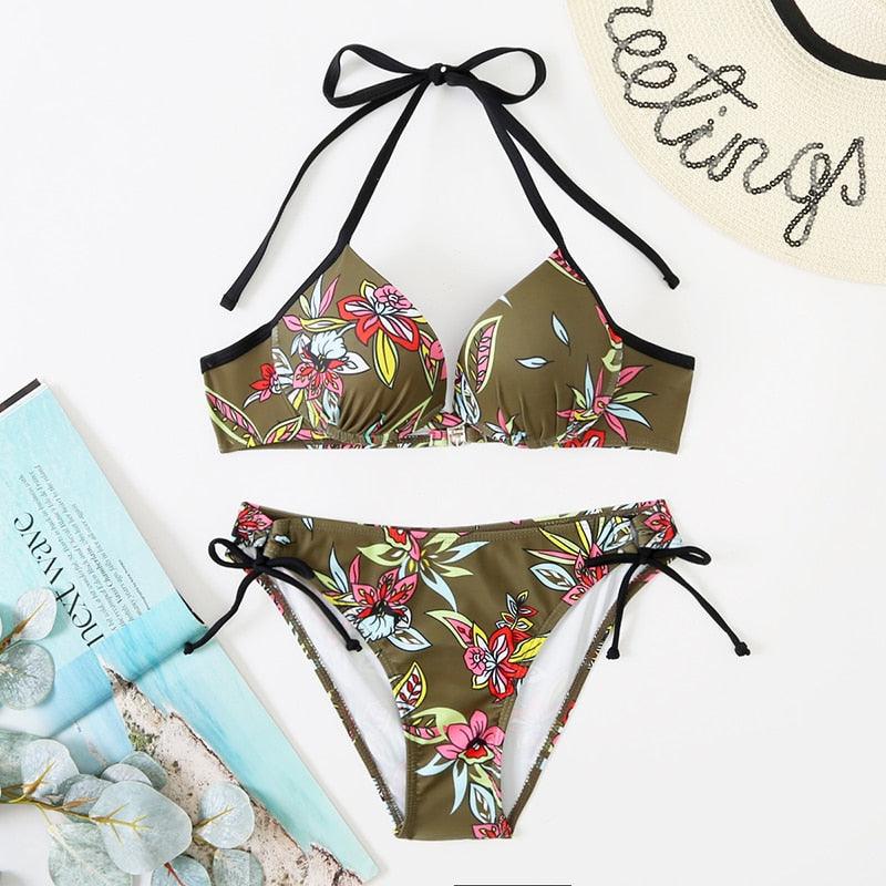 Bikini Push Up New Swimwear Women Print Floral Bikinis Set Swimsuit Bathing Suit Two Piece Summer Beach Wear Floral Leaf Print Bikini Set Padded Lace Up Straps Bikini Beach Swimsuit