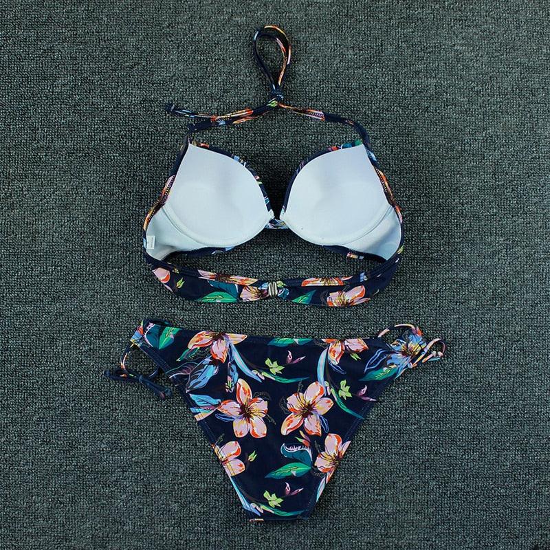 Bikini Push Up New Swimwear Women Print Floral Bikinis Set Swimsuit Bathing Suit Two Piece Summer Beach Wear Floral Leaf Print Bikini Set Padded Lace Up Straps Bikini Beach Swimsuit