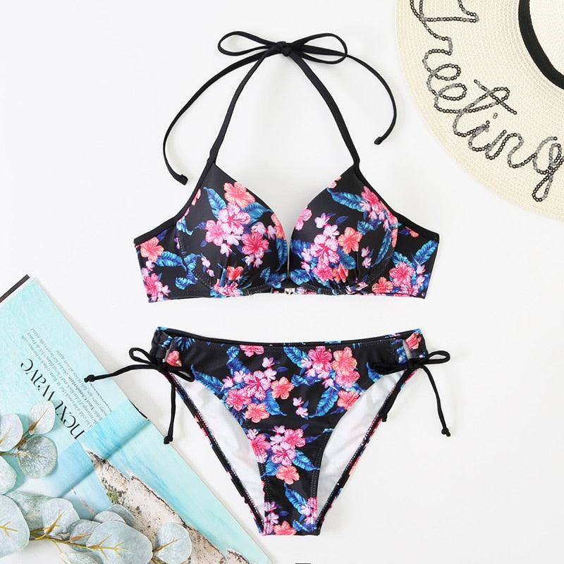 Bikini Push Up New Swimwear Women Print Floral Bikinis Set Swimsuit Bathing Suit Two Piece Summer Beach Wear Floral Leaf Print Bikini Set Padded Lace Up Straps Bikini Beach Swimsuit