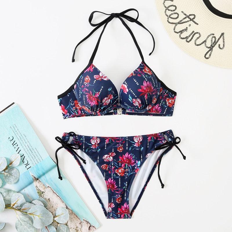 Bikini Push Up New Swimwear Women Print Floral Bikinis Set Swimsuit Bathing Suit Two Piece Summer Beach Wear Floral Leaf Print Bikini Set Padded Lace Up Straps Bikini Beach Swimsuit