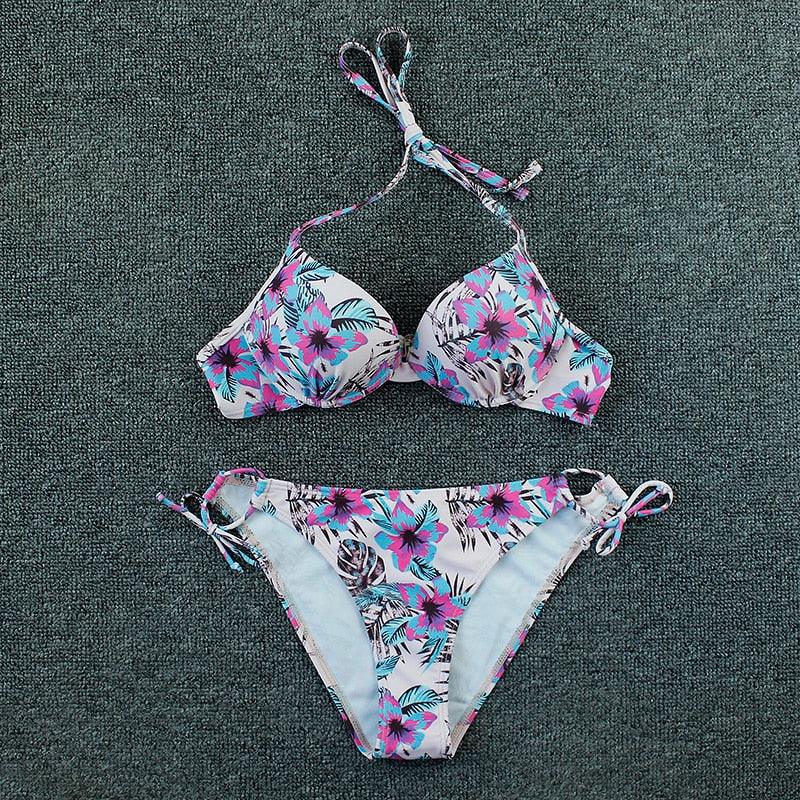 Bikini Push Up New Swimwear Women Print Floral Bikinis Set Swimsuit Bathing Suit Two Piece Summer Beach Wear Floral Leaf Print Bikini Set Padded Lace Up Straps Bikini Beach Swimsuit