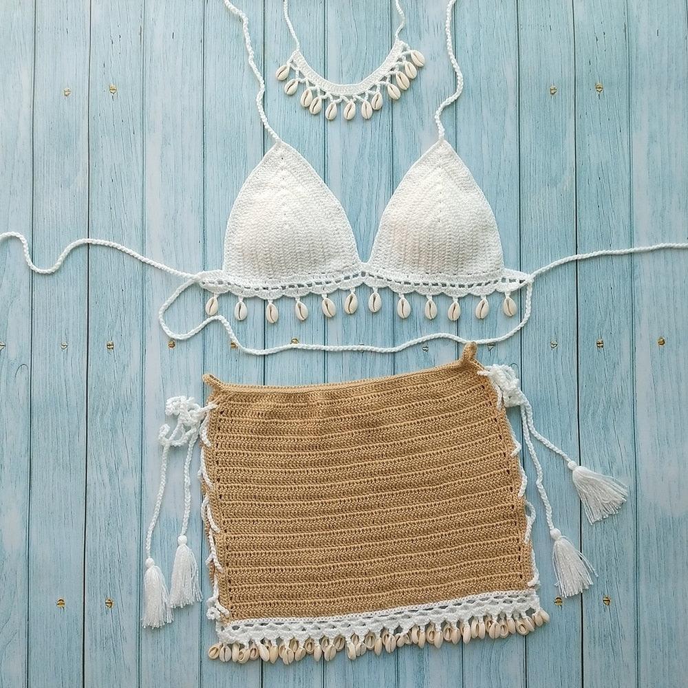 Bikini Set Woman Crochet Shell Tassel Bikini Top And Seashell Beach Skirt Lace See Through Bikini Women Beach Summer 2 Piece Outfits Crochet Mesh Bikini Top and Skirt Set