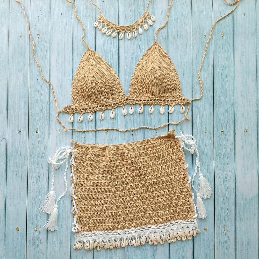 Bikini Set Woman Crochet Shell Tassel Bikini Top And Seashell Beach Skirt Lace See Through Bikini Women Beach Summer 2 Piece Outfits Crochet Mesh Bikini Top and Skirt Set