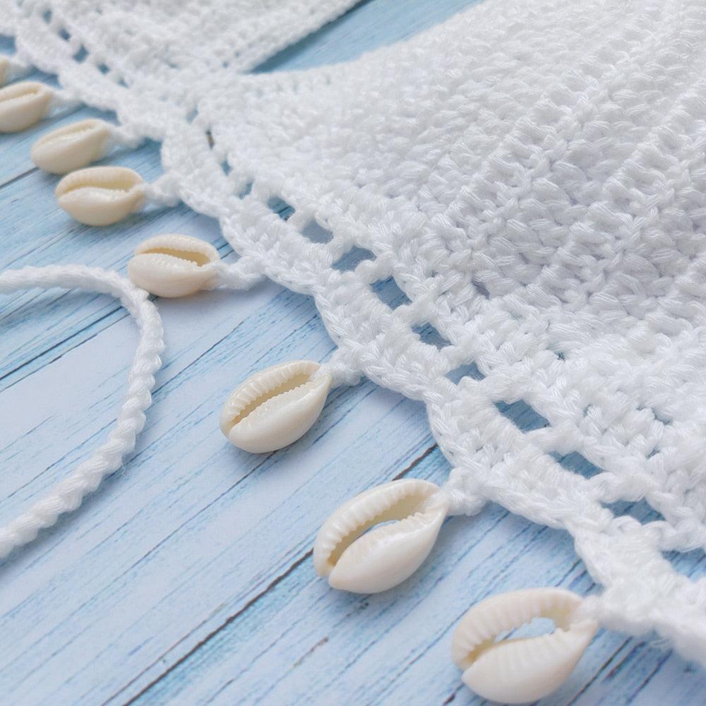 Bikini Set Woman Crochet Shell Tassel Bikini Top And Seashell Beach Skirt Lace See Through Bikini Women Beach Summer 2 Piece Outfits Crochet Mesh Bikini Top and Skirt Set