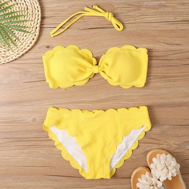 Bikini Set Women  Swimsuit Solid Swimwear Female Summer Beachwear Bathing Suit Women's Ruffle Tie Side Cute Bikini Set High Cut Strapless Padded Solid Bathing Suit