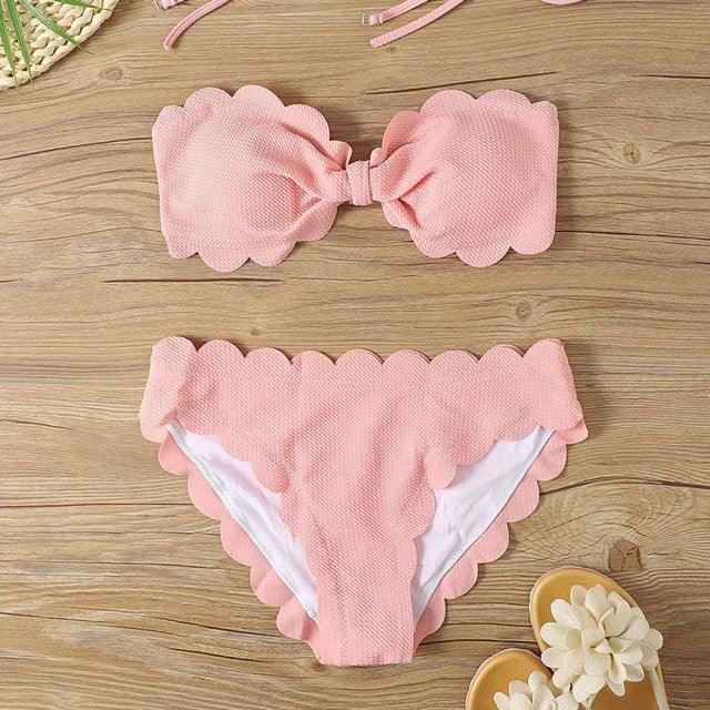 Bikini Set Women  Swimsuit Solid Swimwear Female Summer Beachwear Bathing Suit Women's Ruffle Tie Side Cute Bikini Set High Cut Strapless Padded Solid Bathing Suit