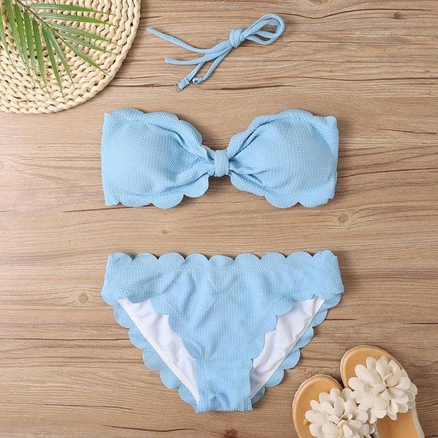 Bikini Set Women  Swimsuit Solid Swimwear Female Summer Beachwear Bathing Suit Women's Ruffle Tie Side Cute Bikini Set High Cut Strapless Padded Solid Bathing Suit