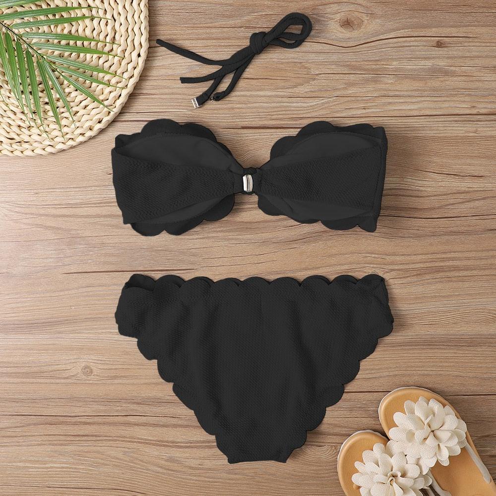 Bikini Set Women  Swimsuit Solid Swimwear Female Summer Beachwear Bathing Suit Women's Ruffle Tie Side Cute Bikini Set High Cut Strapless Padded Solid Bathing Suit