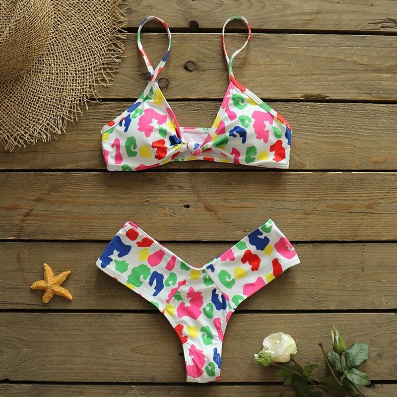 Bikini Set Women Swimwear Push Up Swimsuit Top Solid Bottom Print Bathing Suit Swim Wear Beach Women’s Floral Print Push-Up V-Wire Lettuce Bikini Set High Cut Spaghetti Straps Underwire Padded Swimsuit