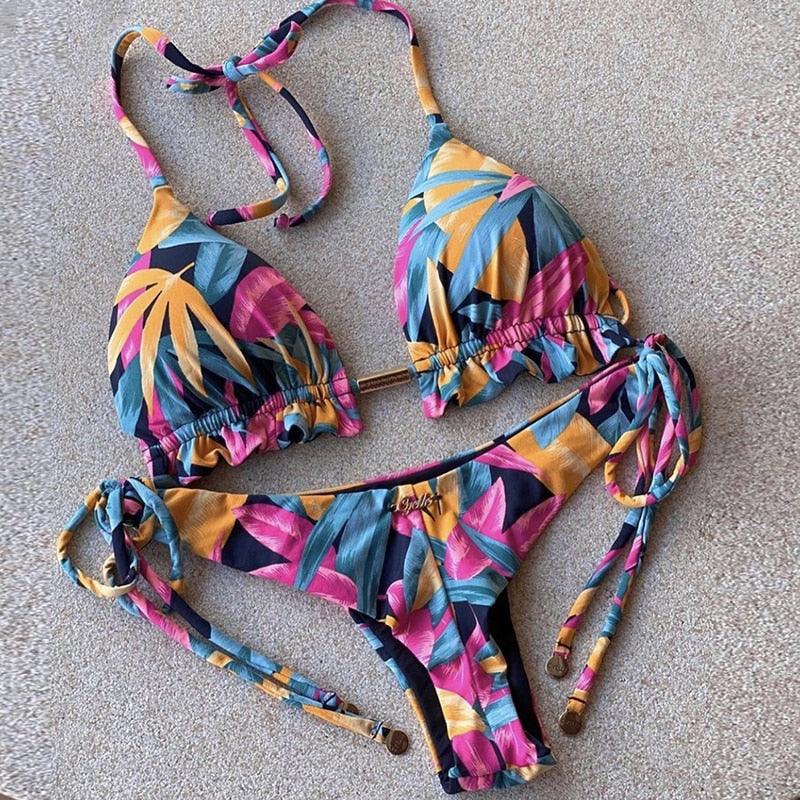 Bikini Set Women Swimwear Push Up Swimsuit Top Solid Bottom Print Bathing Suit Swim Wear Beach Women’s Floral Print Push-Up V-Wire Lettuce Bikini Set High Cut Spaghetti Straps Underwire Padded Swimsuit