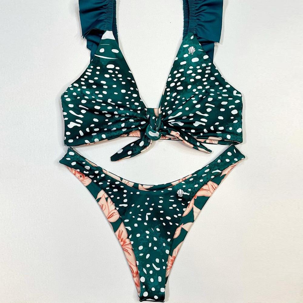 Bikini Set Women Swimwear Push Up Swimsuit Top Solid Bottom Print Bathing Suit Swim Wear Beach Women’s Floral Print Push-Up V-Wire Lettuce Bikini Set High Cut Spaghetti Straps Underwire Padded Swimsuit