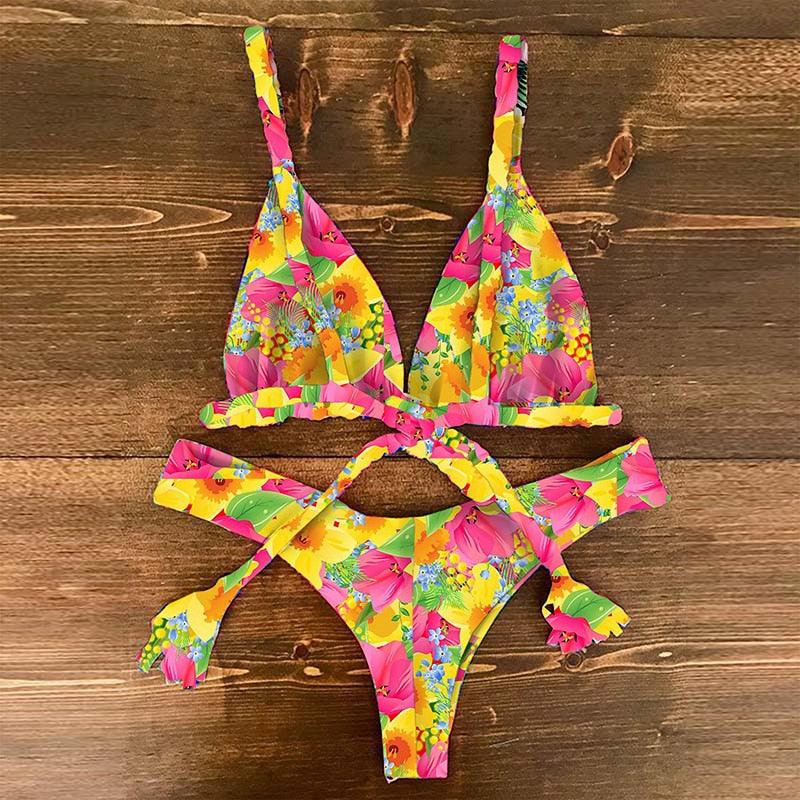 Bikini Set Women Swimwear Push Up Swimsuit Top Solid Bottom Print Bathing Suit Swim Wear Beach Women’s Floral Print Push-Up V-Wire Lettuce Bikini Set High Cut Spaghetti Straps Underwire Padded Swimsuit