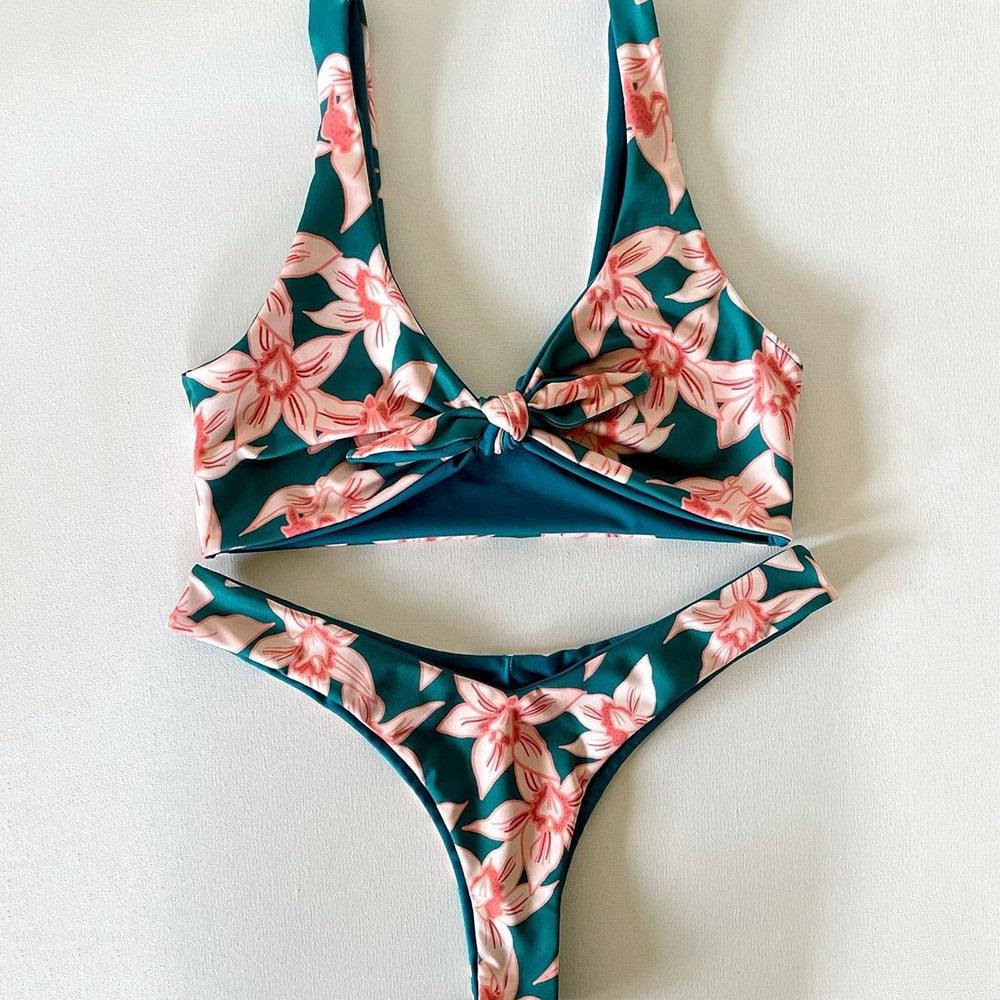 Bikini Set Women Swimwear Push Up Swimsuit Top Solid Bottom Print Bathing Suit Swim Wear Beach Women’s Floral Print Push-Up V-Wire Lettuce Bikini Set High Cut Spaghetti Straps Underwire Padded Swimsuit