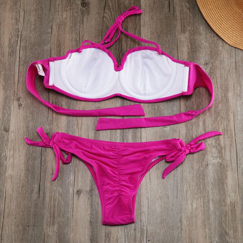 Bikini Solid Strappy Bandage Bikinis Set White Push Up Bikini Swimwear Swimsuit Bathing Suit Women's Ribbed Tie Bikini Adjustable Lace Up Bottom String Women Swimsuit