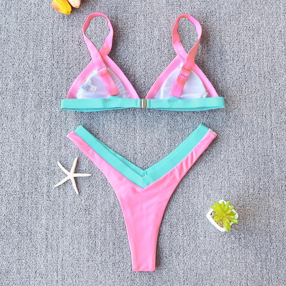 Bikini Solid Swimsuit Women Swimwear Push Up Bikini Set Patchwork  Summer Beach Bathing Suit Swim Wear Halter Bikini Swimsuit Beach Swimming Traveling High Leg Bikini