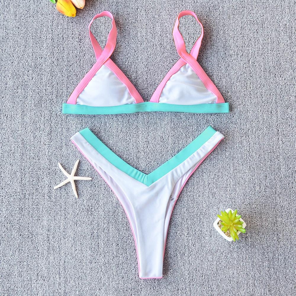 Bikini Solid Swimsuit Women Swimwear Push Up Bikini Set Patchwork  Summer Beach Bathing Suit Swim Wear Halter Bikini Swimsuit Beach Swimming Traveling High Leg Bikini