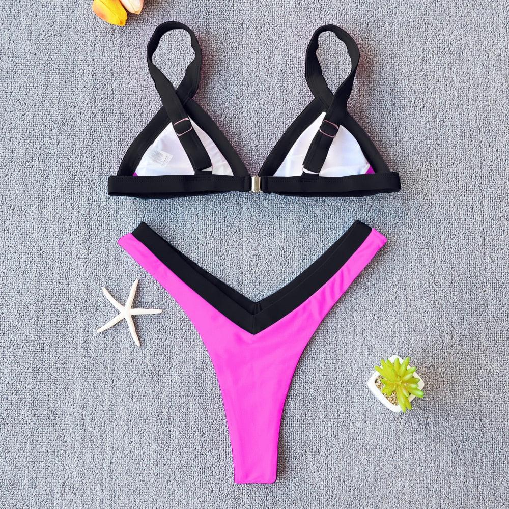 Bikini Solid Swimsuit Women Swimwear Push Up Bikini Set Patchwork  Summer Beach Bathing Suit Swim Wear Halter Bikini Swimsuit Beach Swimming Traveling High Leg Bikini