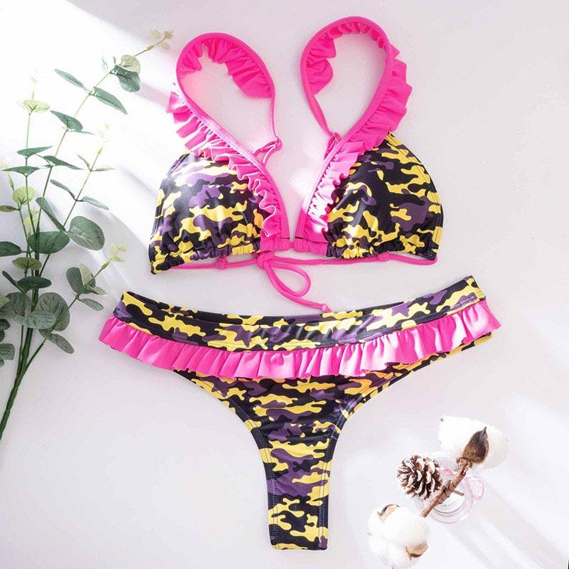 Bikini Triangle Adjust Swimwear Women's Crisscross Halter Bikini Lace Up Back Bandage Two Piece Strappy Bathing Suits G String Thong Swimwear Women Bathing Suit Hollow Out Quality Pleated Swimsuit Female Double-Sided Bikini Set