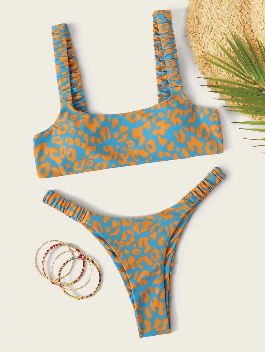 Bikini  Women Orange Leopard Push Up Padded Thong Swimsuit Female Cut Out Bathing Suit Swimwear Padded Push up Thong Bikini Sets  Swimsuits for Women