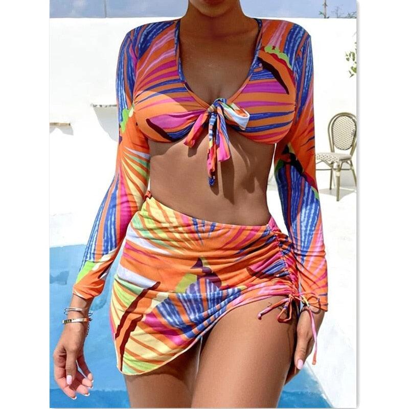 Bikini Women Push Up Swimsuit 3 Piece Bikini Set With Cover Up Women's Fashion 3 Piece Tie Dye Top Bikini Set Swimsuit Cover Up Skirt Swimwear Push Up Bather Swim Wear