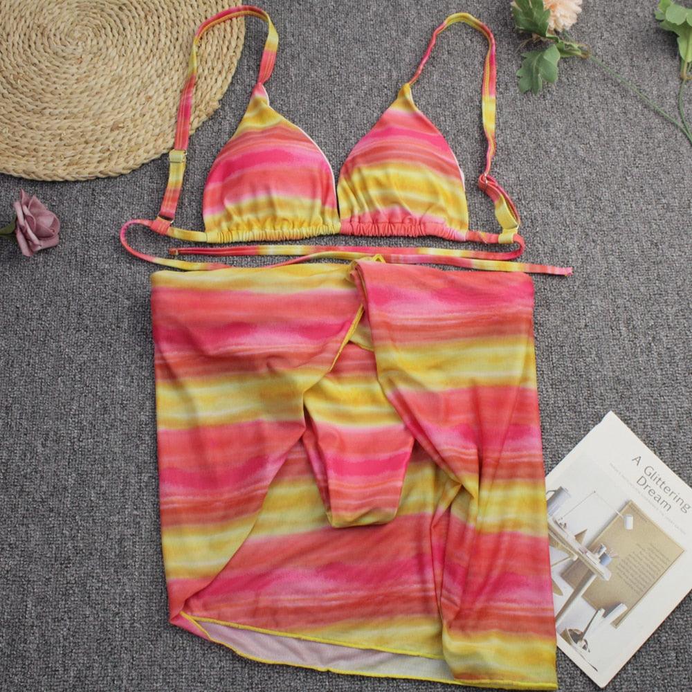 Bikini Women Push Up Swimsuit 3 Piece Bikini Set With Cover Up Women's Fashion 3 Piece Tie Dye Top Bikini Set Swimsuit Cover Up Skirt Swimwear Push Up Bather Swim Wear