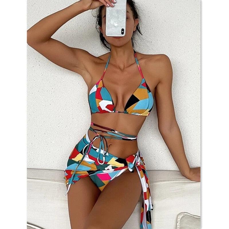 Bikini Women Push Up Swimsuit 3 Piece Bikini Set With Cover Up Women's Fashion 3 Piece Tie Dye Top Bikini Set Swimsuit Cover Up Skirt Swimwear Push Up Bather Swim Wear