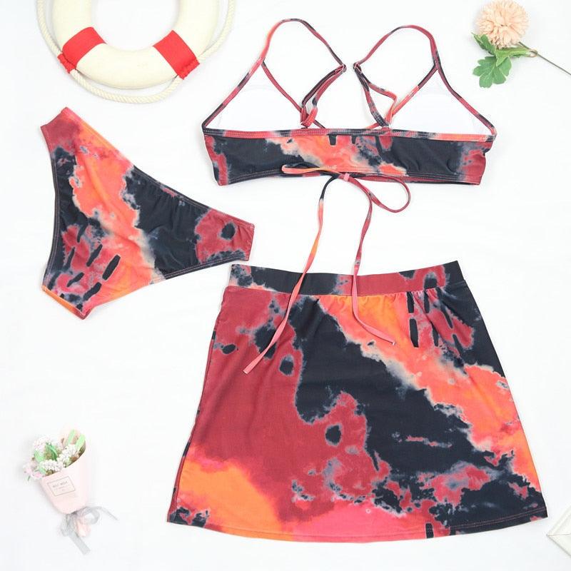 Bikini Women Push Up Swimsuit 3 Piece Bikini Set With Cover Up Women's Fashion 3 Piece Tie Dye Top Bikini Set Swimsuit Cover Up Skirt Swimwear Push Up Bather Swim Wear