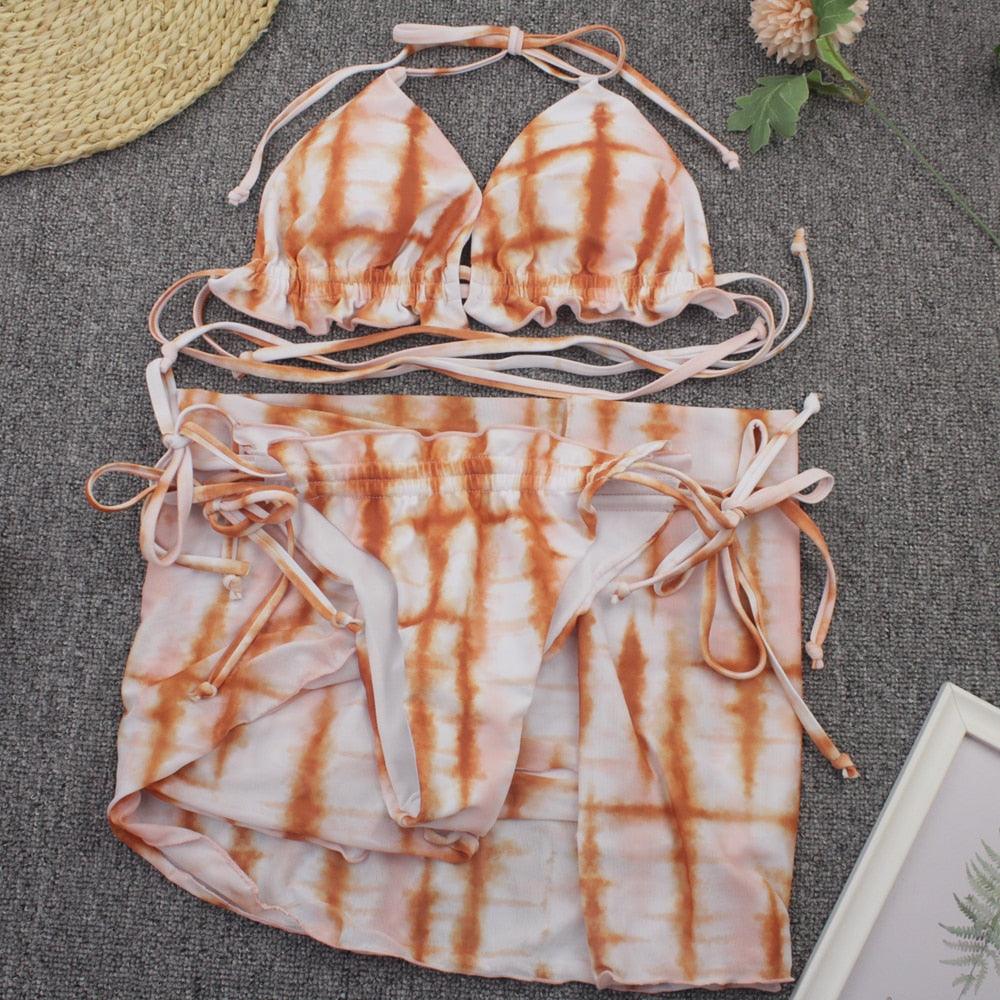 Bikini Women Push Up Swimsuit 3 Piece Bikini Set With Cover Up Women's Fashion 3 Piece Tie Dye Top Bikini Set Swimsuit Cover Up Skirt Swimwear Push Up Bather Swim Wear