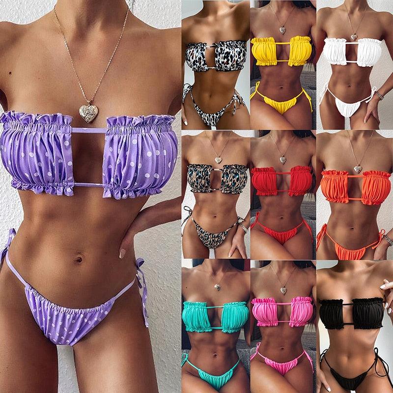 Bikini Women  Swimsuit Female Low Waist Swimwear Women Beach Mini Thong Bikini Set Bathing Suit Women Thong Swimsuits Strapless 2 Piece Bikini String Tie Ruffle Brazilian Bathing Suit