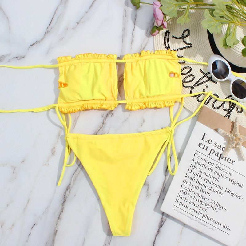 Bikini Women  Swimsuit Female Low Waist Swimwear Women Beach Mini Thong Bikini Set Bathing Suit Women Thong Swimsuits Strapless 2 Piece Bikini String Tie Ruffle Brazilian Bathing Suit